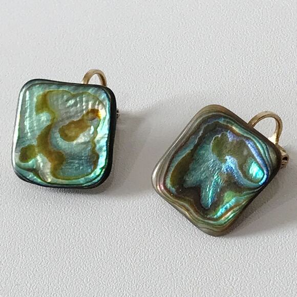 Vintage Jewelry - Vintage Abalone Shell Square Abstract Modernist Clip On Earrings Gold Tone
